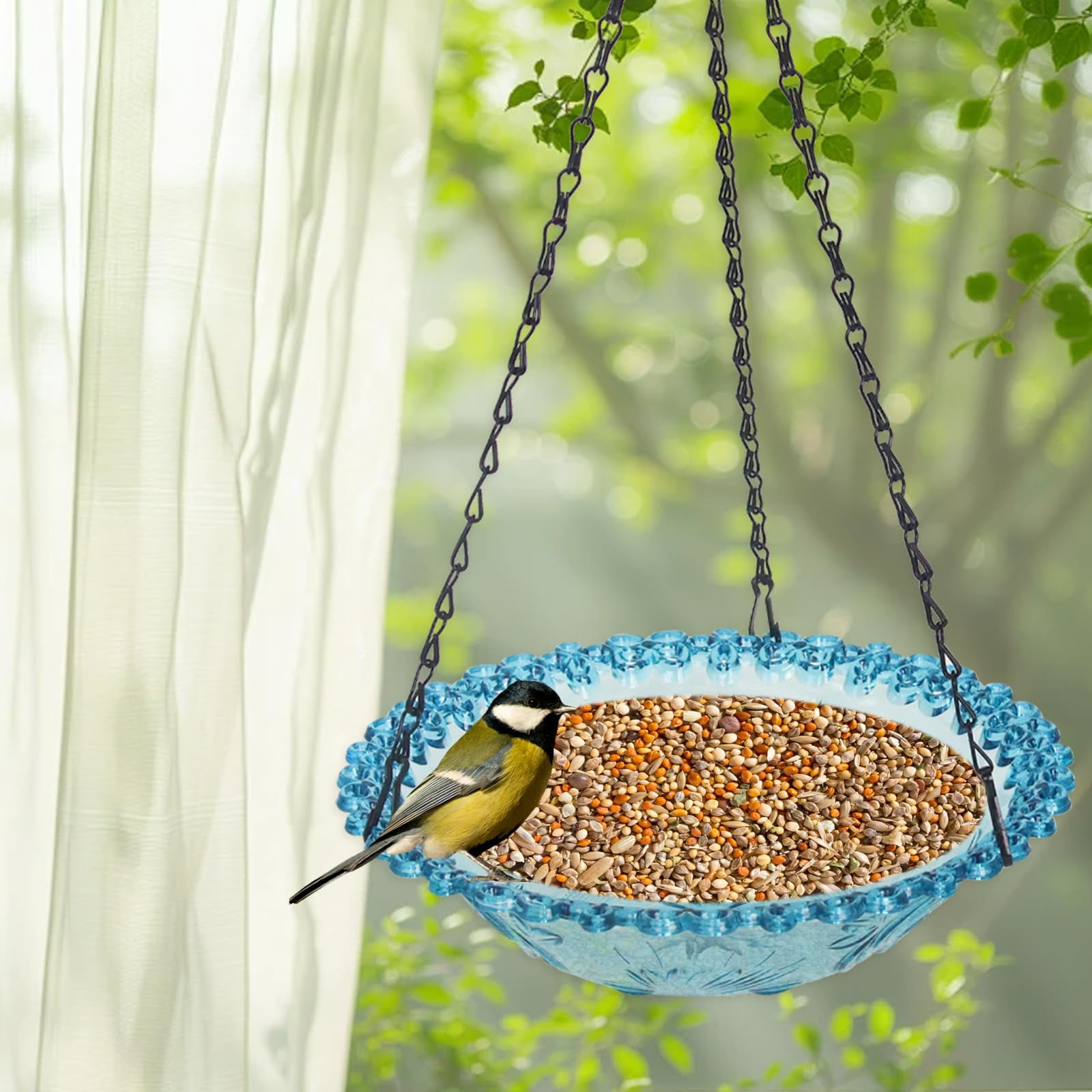 Hanging Glass Bird Bath - Outdoor Drinking Feeder for Hummingbirds and Wild Birds - Water Bowl for Garden, Yard, Patio Decor, Blue single layer