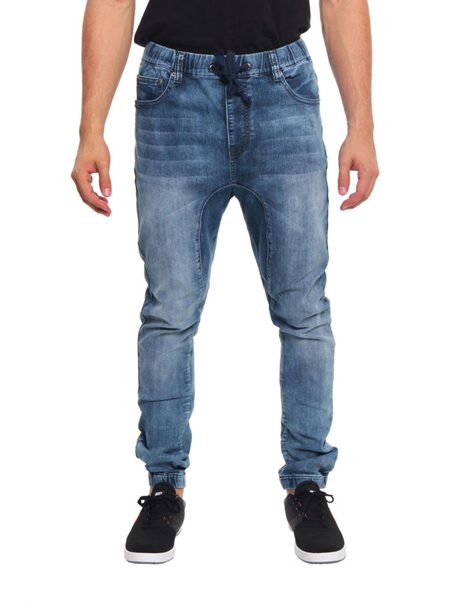 Men Fashion Elastic Waist Jeans Teen Boys Slim Fit Vintage Wash Drop Crotch Biker Jogger Denim Pants Trousers