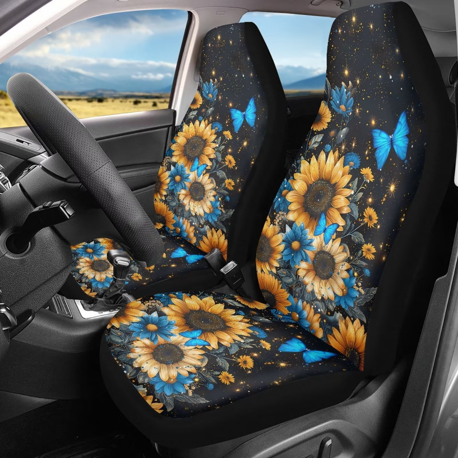 Uorisanigo Car Seat Covers Waterproof Blue Butterfly Sunflower Car Seat Cover for Front Seats Set of 2 Anti-Slip Back Fabric Easy to Install and Clean Universal for Auto Truck Van SUV
