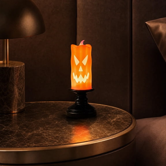 Halloween Pumpkin Lantern Candle Holder with Skull Decor Tabletop Lamp,A