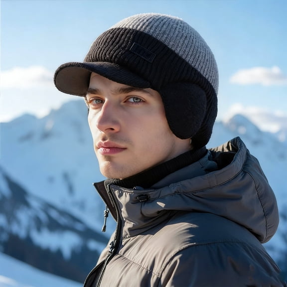 Mens Winter Beanie with Brim - Lined Thermal Knit Visor Hat for Cold Weather
