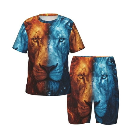 Picia Red And Blue Fire Lion Printed Boys  Kids-PJ Snug Fit Cotton Short Sleeve Top and Shorts 2 Piece Pajama Set-Small