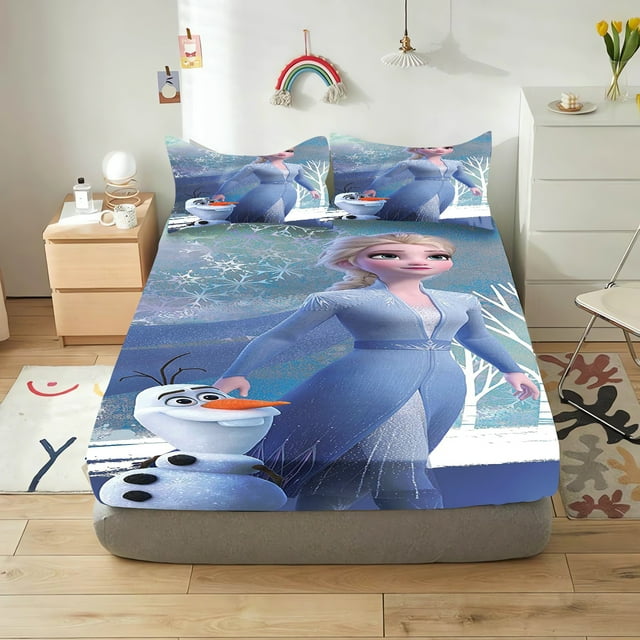 Ensemble de Literie Imprimé Frozen 2/3 Pcs Drap-Housse 100 % Polyester Décoration Maison Anime pour Enfants et Adultes