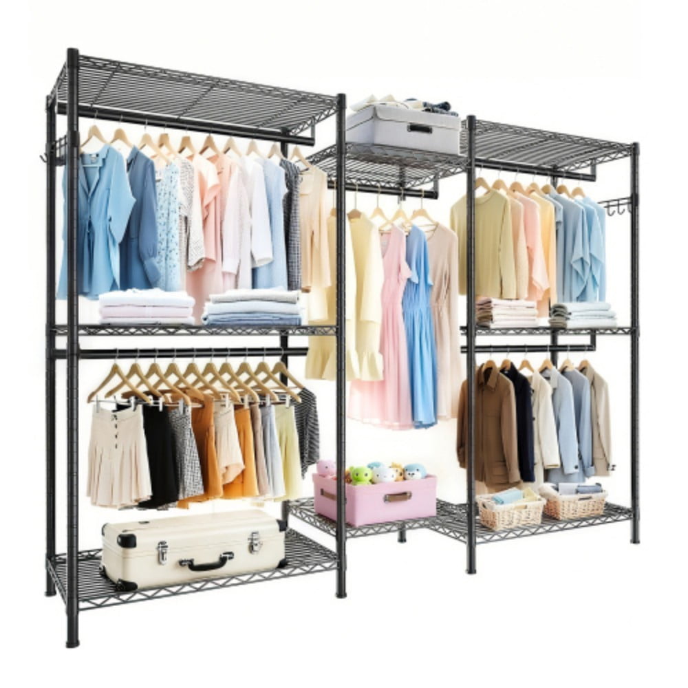 Heavy Duty Garment Rack, Freestanding Closet Organizer with 8 Adjustable Wire Shelves & 5 Clothes Rails, Portable Wardrobe Storage Rack, Black