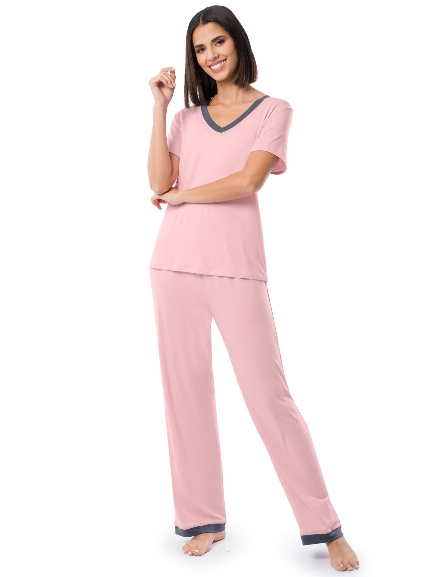 Fruit of the Loom Women's Soft & Breathable V-Neck Short Sleeve Top & Pajama Pant Set, Sizes S-4X