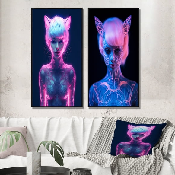 Designart "Neon Catgirl A Vibrant Impression I" Femme à la Mode Ensemble d'Art Mural Encadré de 2 - Cadre Bleu Charmant Ensemble de Galerie pour Décoration de Bureau