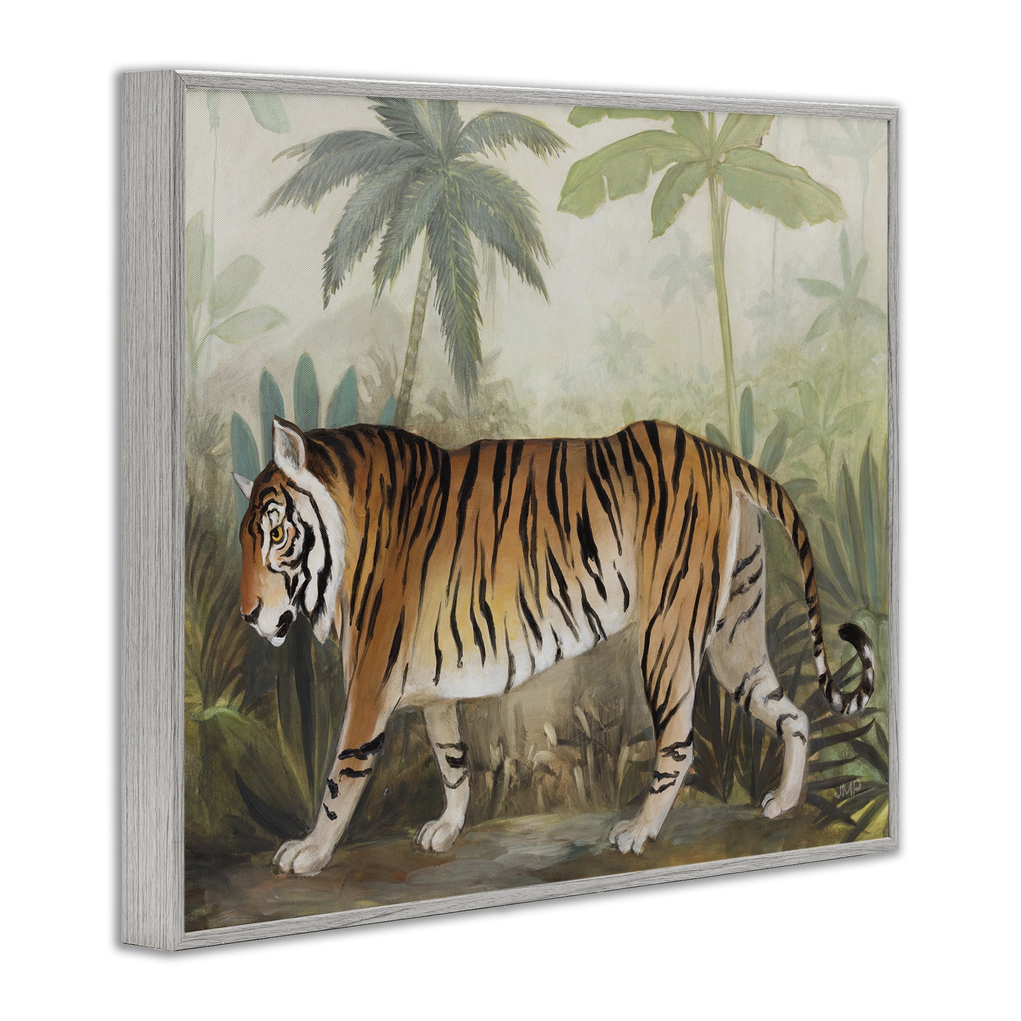Stupell Industries Prowling Tiger in Forest Landscape Painting Gray Framed Art Print Wall Art, 30 x 24
