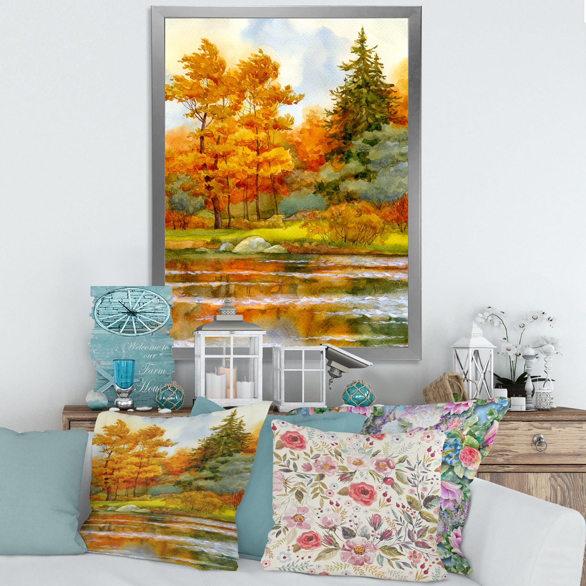 Designart 'Autumn Forest By The Lake Side III' Lake House Framed Art Print
