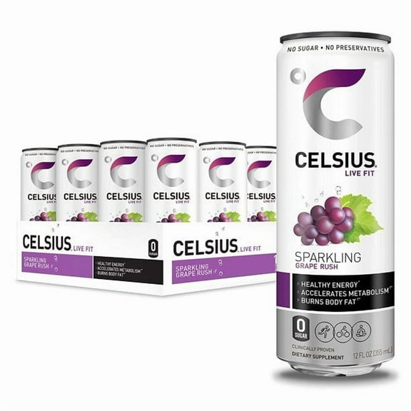 CELSIUS Sparkling Grape Rush Fitness Drink, Zero Sugar, 12oz. Slim Can Pack of 12