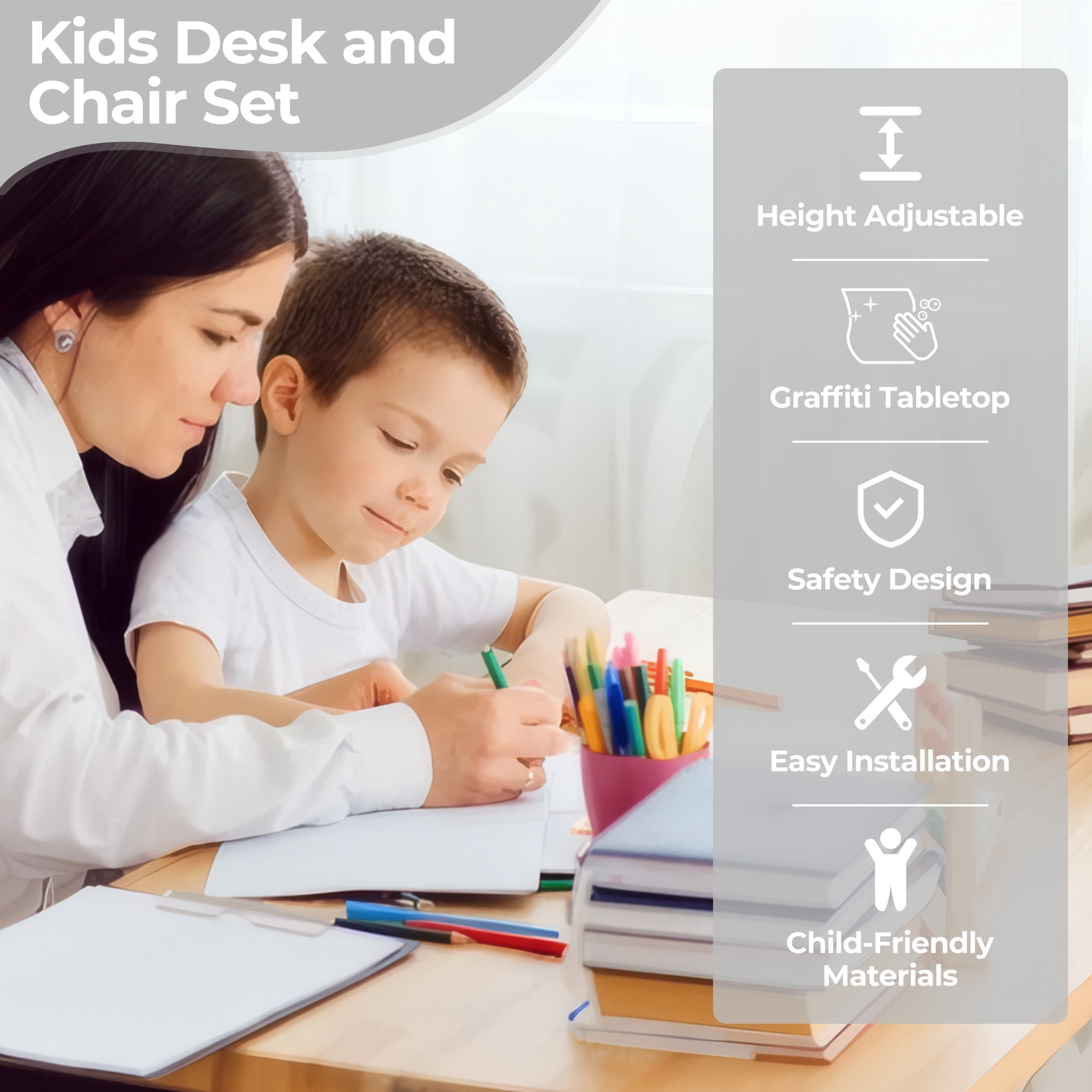 Kids Desk and Chair Set with Bookshelf & Storage, Height Adjustable, Multi-Activity Table for Study & Play, Ages 3-12