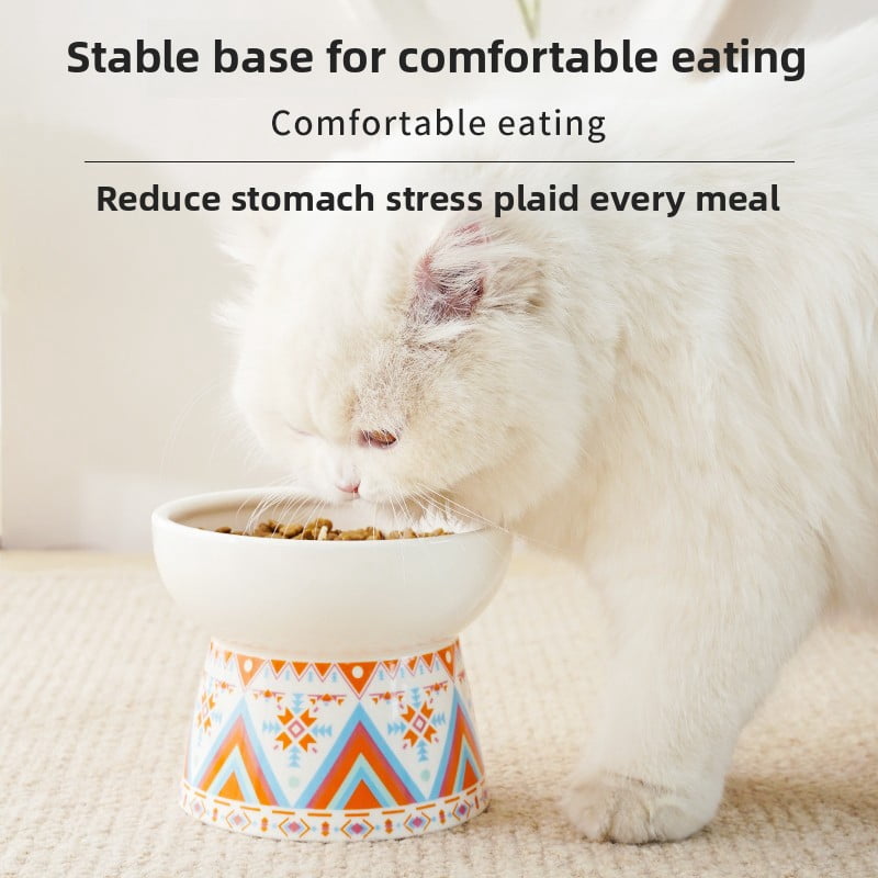 White Small Ceramic Raised Cat Bowls, Tilted Elevated Food or Water Bowls, Stress Free, Backflow Prevention, Dishwasher and Microwave Safe, Lead & Cadmium Free