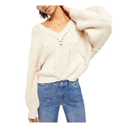 FREE PEOPLE Womens Beige Long Sleeve V Neck Sweater Size: M