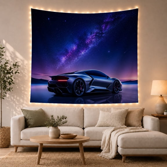 Silver Sports Car on Reflective Surface with Milky Way Night Sky, Dramatic Digital Art for Car Enthusiasts, Automotive Wall Decor Christmas Gift, Tapestry Wall Hanging for Bedroom and Dorm