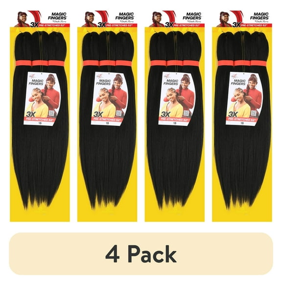 (4 pack) Magic Fingers 3X Pack Pre-Stretched Braiding Hair, 52", #1B, Adult, Female