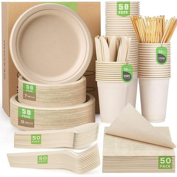 400pcs Compostable Paper Plates Set Eco-friendly Heavy-duty Disposable Paper Plates Cutlery Includes Biodegradable Plate, Forks, Knives, Spoons, Cups and Straws for Wedding Party