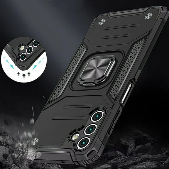 Designed for Samsung Galaxy A36 Armor Hybrid Magnetic Stand with Ring Holder Kickstand Shockproof Heavy-Duty Durable Rugged TPU Dual Layer Phone Case Cover - Black