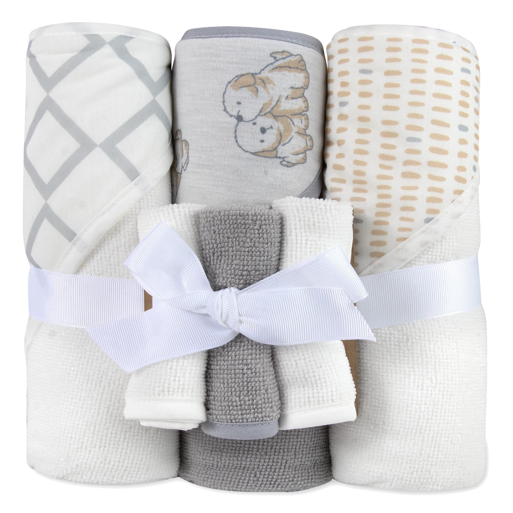 Baby Essentials 6 Piece Hooded Bath Towel Washcloth Set for Infant, Newborns,Toddlers 3 – 24 Months for Bath Time, Showers, Lounge, Beach, Pool in Puppies & Prints