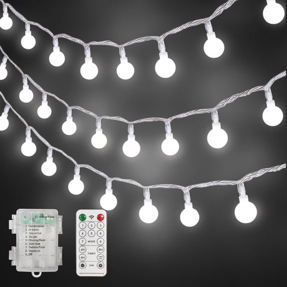 LAMPHOME 16FT 50LED Milky Globe String Lights, Cool White, Clear Wire, Waterproof 3AA Battery Box, 8 Modes with Remote, Bedroom Party Decor