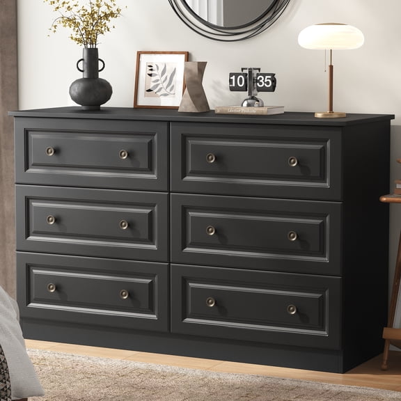 IDEALSOUL 6 Drawer Dresser, Black Chest of Drawer with Large Storage Space, Dresser for Bedroom, Living Room, Cloakroom