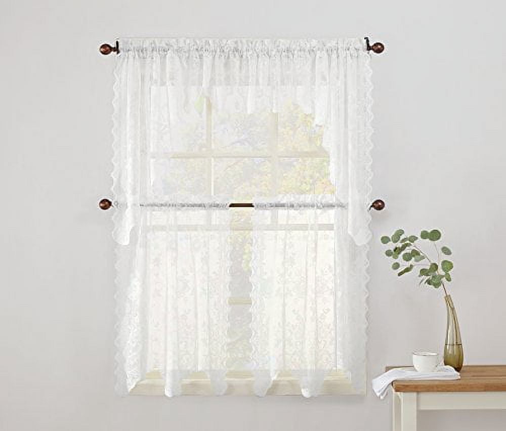 No. 918 Quinn Floral Lace Sheer Rod Pocket Kitchen Curtains, 58"x38", White
