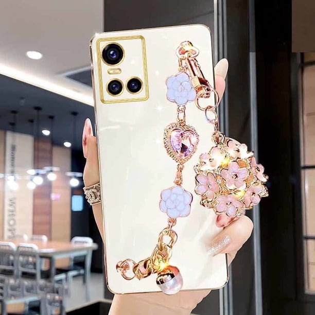 Funda de teléfono con purpurina para IPhone, carcasa de lujo con gema de Camelia, pulsera con colgante de flores para IPhone 14 Pro MAX 13 12 mini 11 XS XR X 7 8 Plus Fivean unisex