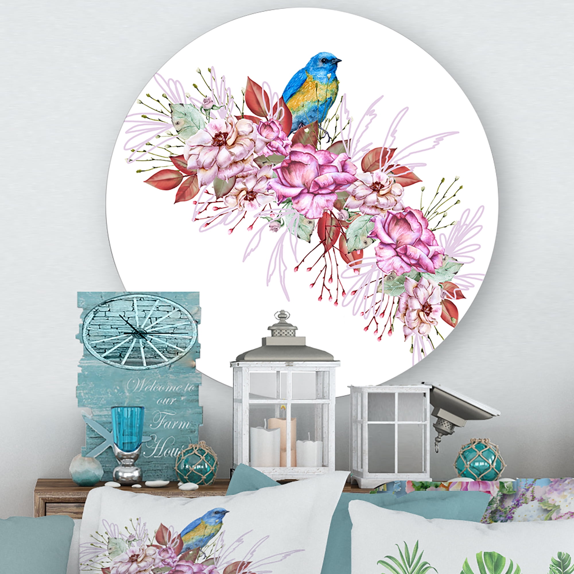 Designart 'Little Blue Bird Sitting On Colorful Boquet of Flowers' Traditional Circle Metal Wall Art 11x11 - Disc of 11