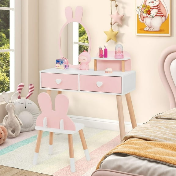 OLAKIDS Kids Vanity Set, 2 in 1 Wooden Princess Makeup Table and Chair with Mirror Storage Drawers Shelf, for Little Girls, Rabbit Themed Toddler Dressing Desk Beauty Play Set Gift