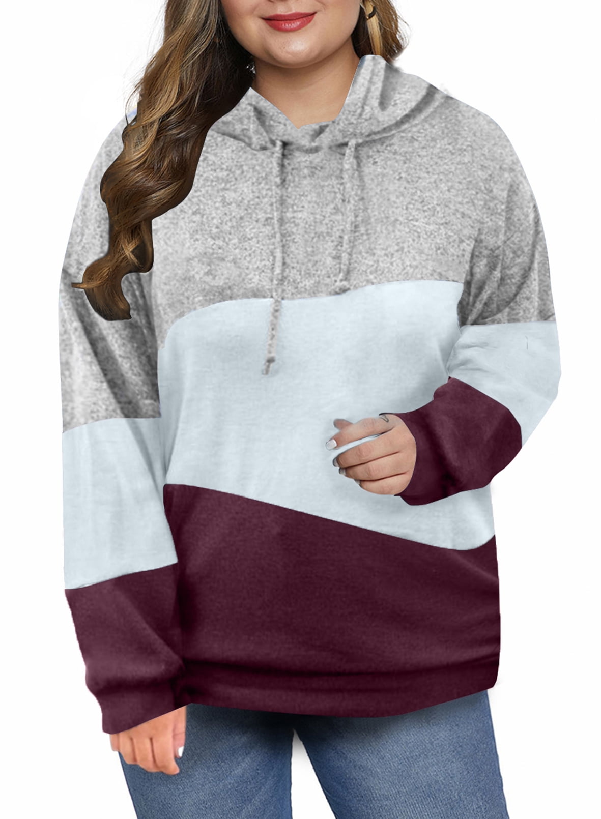 1X-5X Eytino Women Plus Size Pullover Hoodie Colorblock Striped Long Sleeve Hooded Sweatshirt