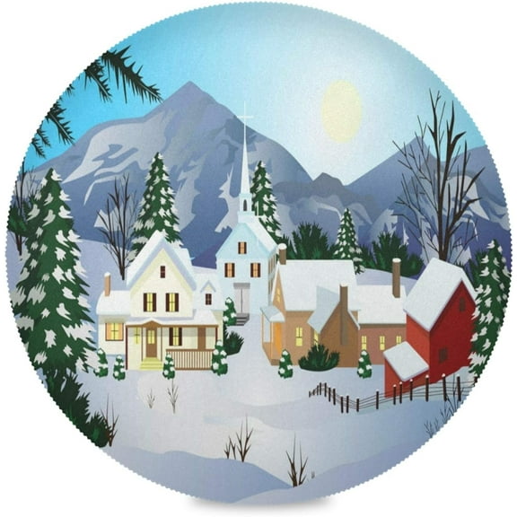 48"X 48" Christmas Village Elastic Fitted Edged Round Tablecloth Fade Resistant Anti-Shrink Table Cloth Washable Table Cover for Banquet Home Indoor or Outdoor