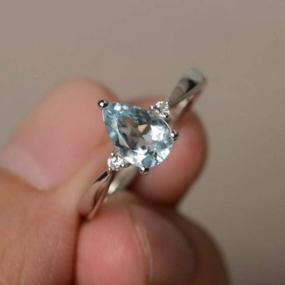 HeartsAndYou 0.75ct Natural Blue Aquamarine Trilogy Engagement Ring 100% 14k SOLID White Gold