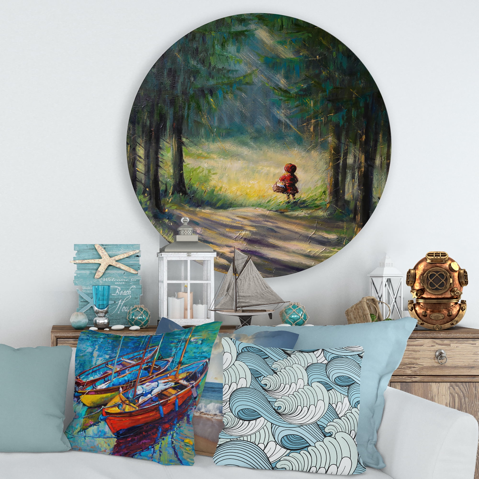 Designart 'Little Red Kid Riding Hood In The Woods' Traditional Circle Metal Wall Art 29x29 - Disc of 29