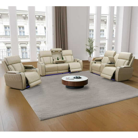PonnLiving Multifunctional Power Recliner Sofa Set with LED Floor Strips and USB Port Wireless Charging Cup Holders Easy to Assemble Khaki Modern Style