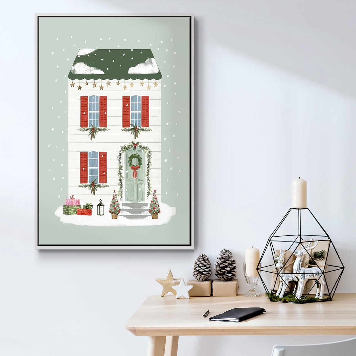 Festive Front Door IV - Framed Gallery Wrapped Holiday Canvas - 17 x 25 - White Frame
