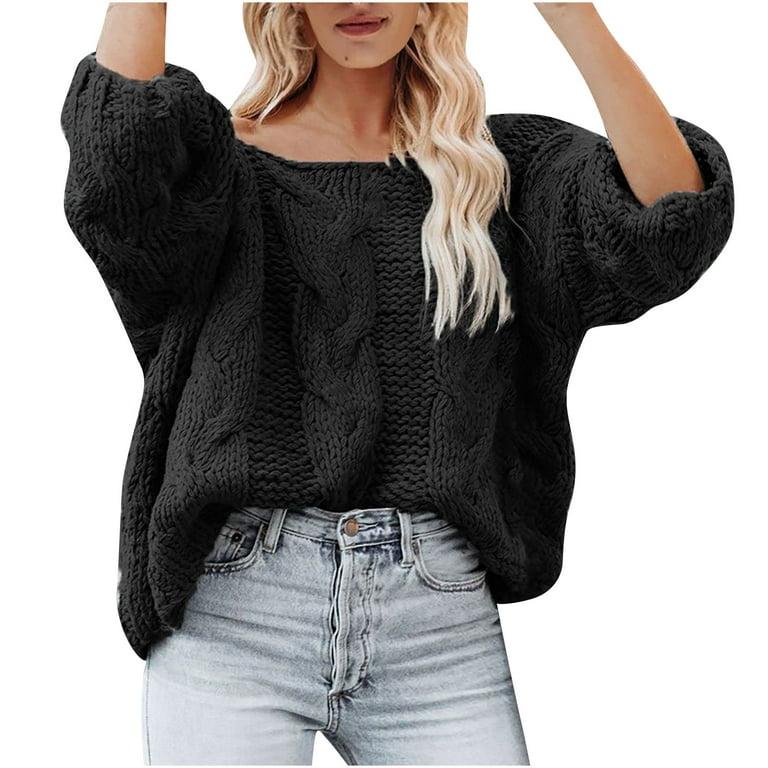 Hfyihgf Womens Oversized Sweater Long Sleeve Sexy Off Shoulder Pullover  Sweaters Batwing Sleeve Cable Knit Slouchy Tops(Black,M) 