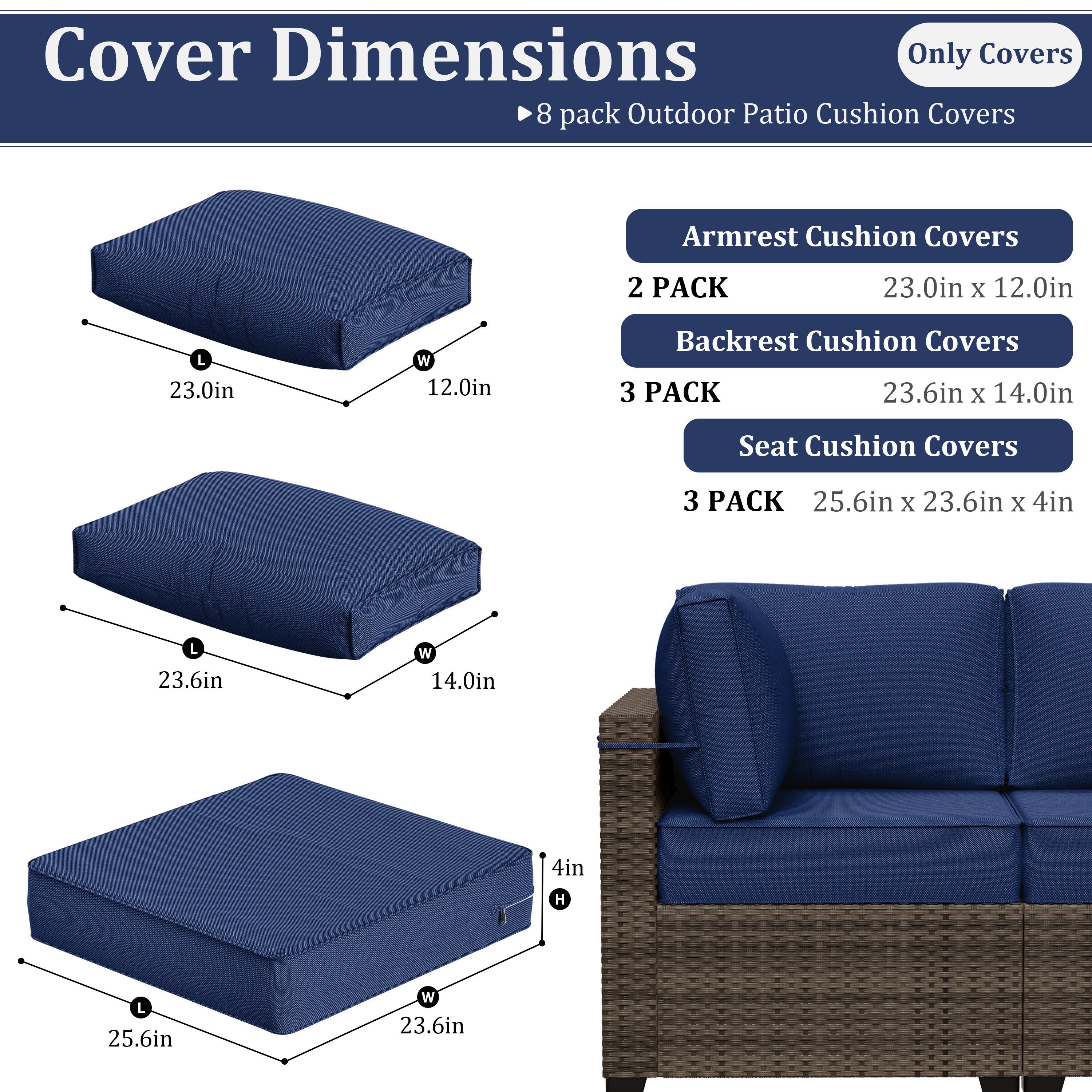 Snubbull 8 Pcs 25.6" x 23.6" Cushion Covers for Patio Furniture, Outdoor Waterproof Cushion Slipcovers Replacement with Zipper, Blue