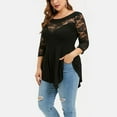 thumbnail image 5 of Oversized Tshirts Women Plus Size Solid Blouse O-Neck Asymmetric 3/4 Sleeve Lace Floral Plus Size Shirts Black XXL, 5 of 7
