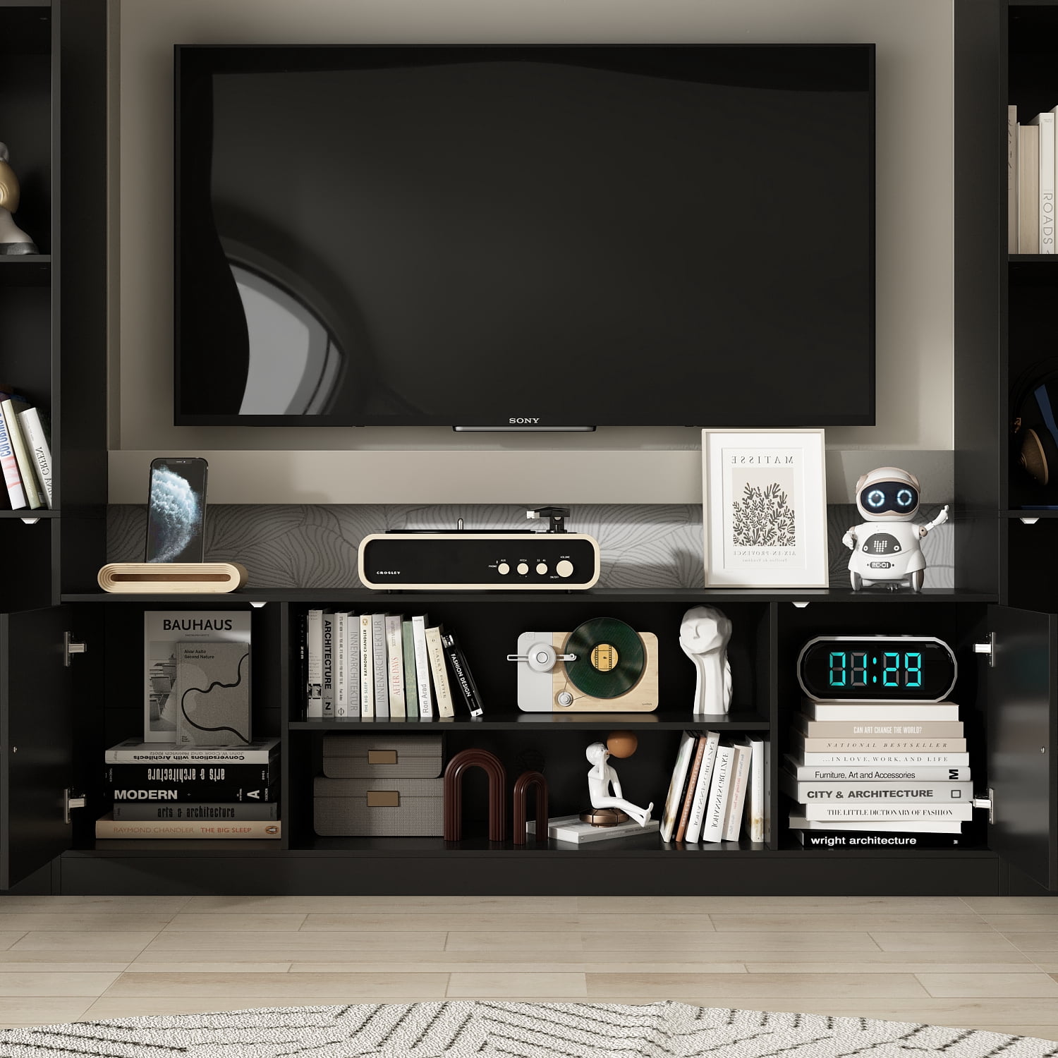 KULAGAGA Entertainment Center with Bookshelves Modern Media Center with Open Shelves & Bridge TV Wall Unit with Doors, for Living Room Black