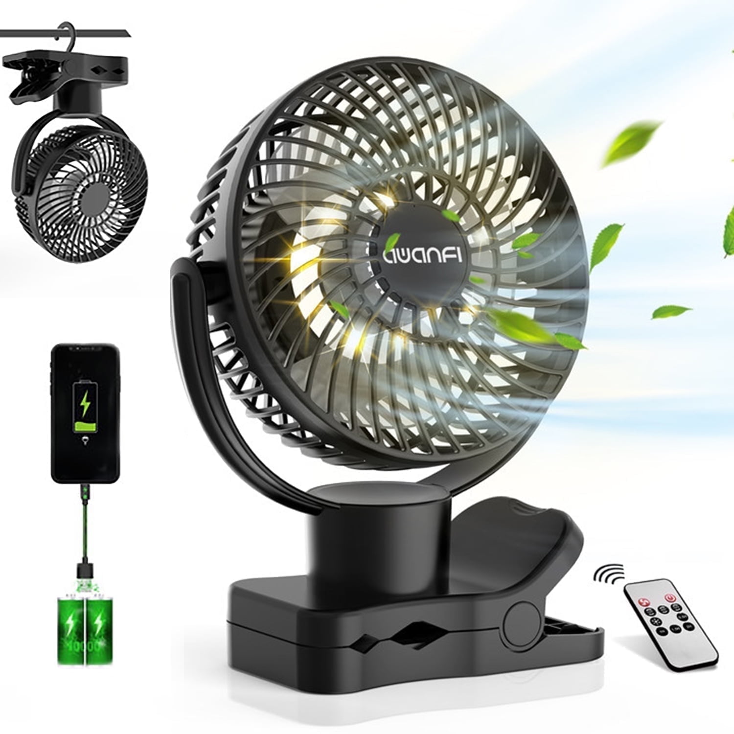 AWANFI Battery Operated Portable Fan, Clip-on Fan with Remote and Lights, 360° Oscillating Camping Fan, 10000mAh Rechargeable Desk Fan for Home Office Car Travel