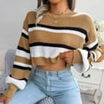 thumbnail image 5 of VSSSJ Women's Crew Neck Casual Striped Color Block Cropped Sweaters Lantern Long Sleeve Loose Waffle Knit Crop Pullover Sweater Khaki M, 5 of 8
