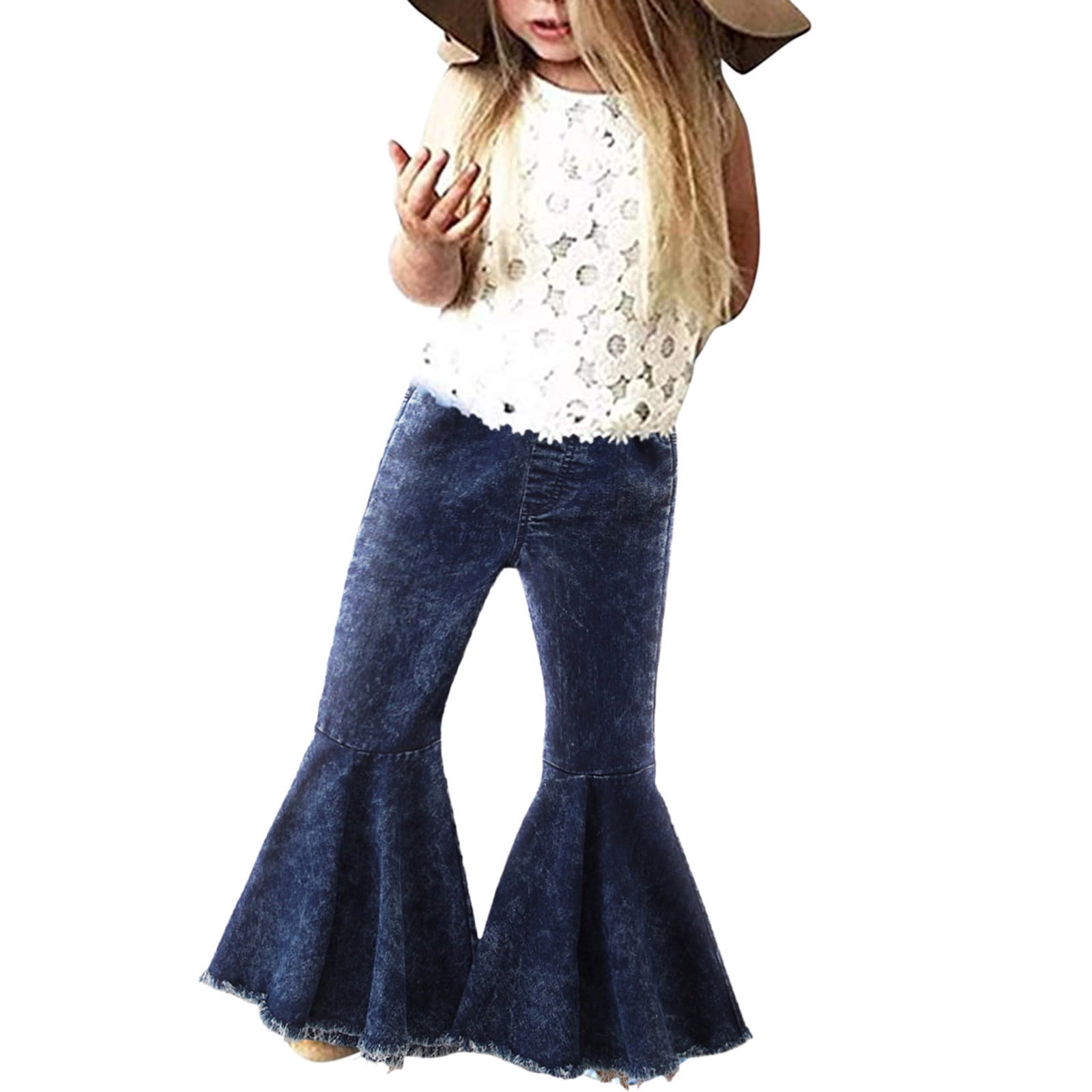 Wrrkayly Kids Toddler Little Baby Girl Bell Bottom Jeans Ruffle Ripped Flare Pants Leggings Denim Trousers Clothes 0-7T 