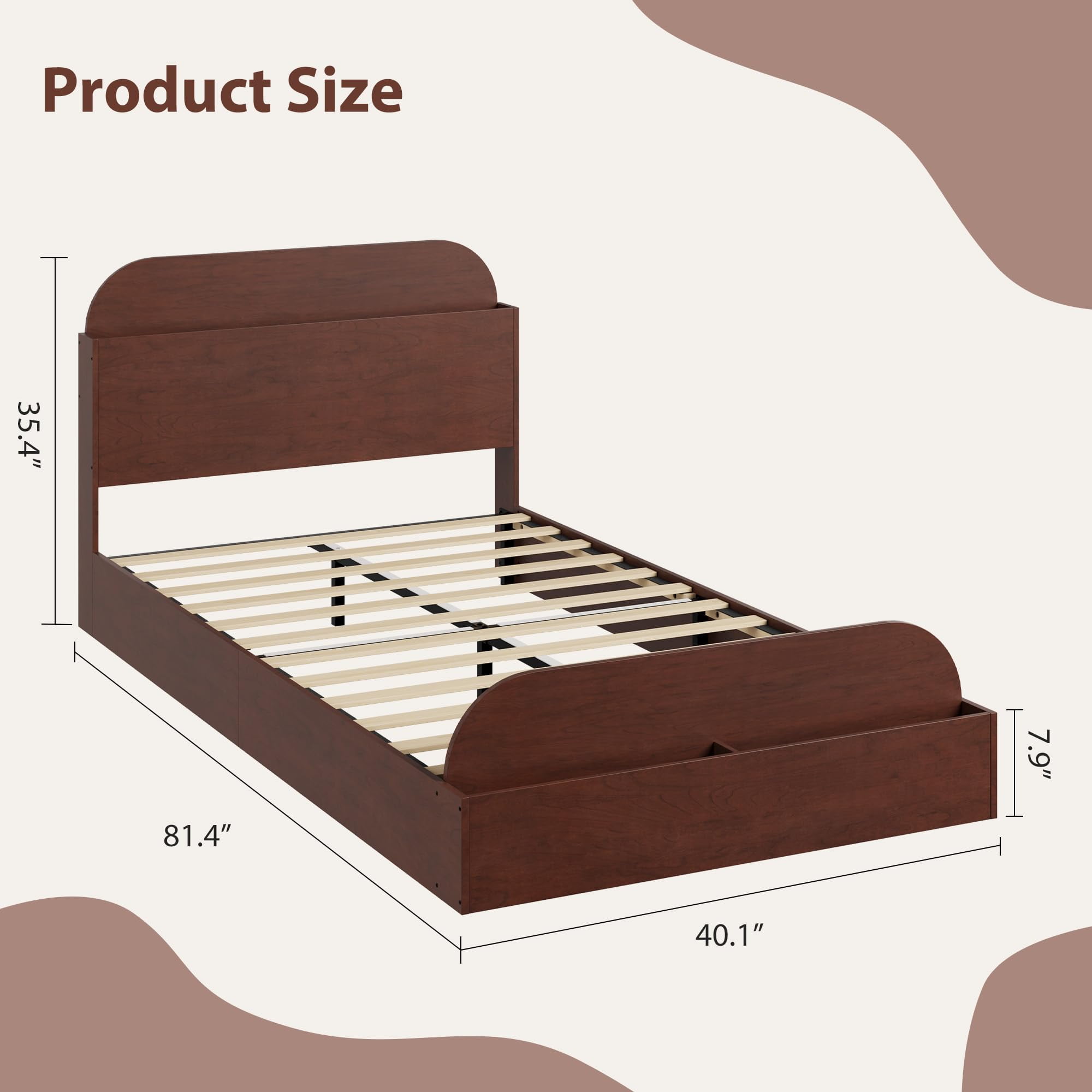 Twin Size Wooden Platform Bed Frame with Storage Headboard & Raised Footboard - Low Floor Bed, Heavy Duty & Noise-Free, No Box Spring Needed, Espresso