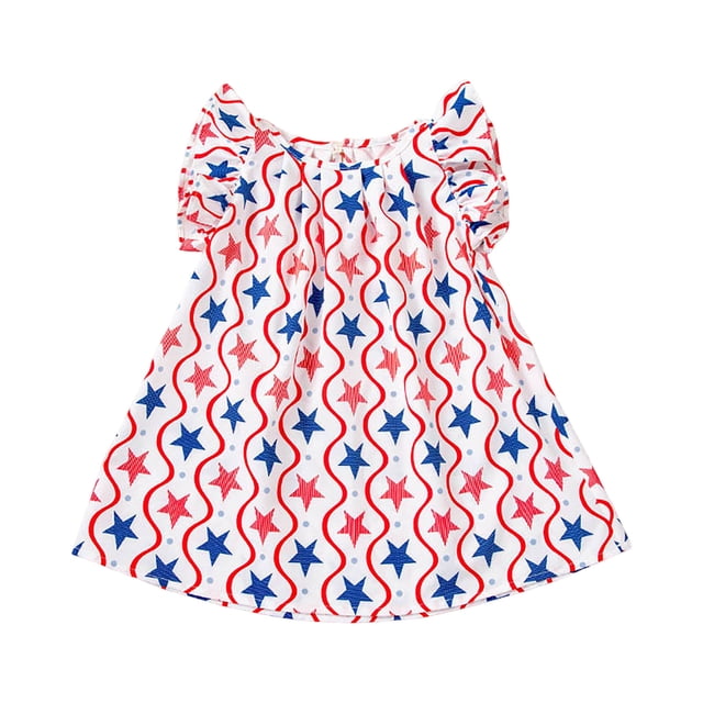 Ketyyh-chn99 Robe Fille Décontractée Robe Fille Fête de l'Indépendance Robe à la Mode Imprimée Étoile Coupe Ample Manches Volantées Robe Princesse Robe de Fête Taille pour 5-6 Ans, Rouge