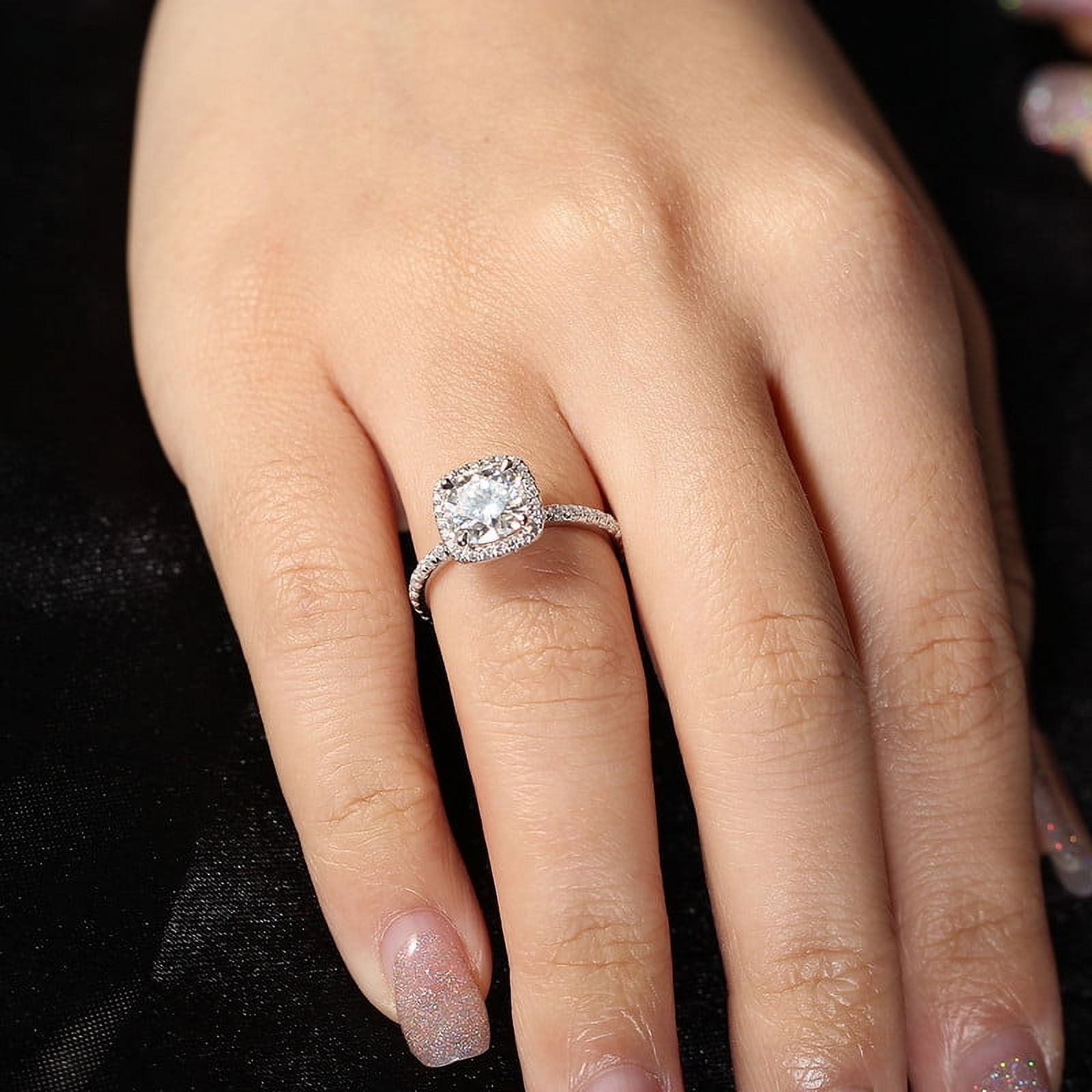 Cora Jewellery 1.5CT Cushion Moissanite Halo Engagement Ring For Women, 18K White Gold