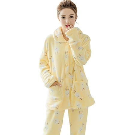 

Women s Flannel Pajamas Set Casual Long Sleeve Fleece Cardigan Warming Sleepwear for Autumn Winter XL Yellow Rabbit