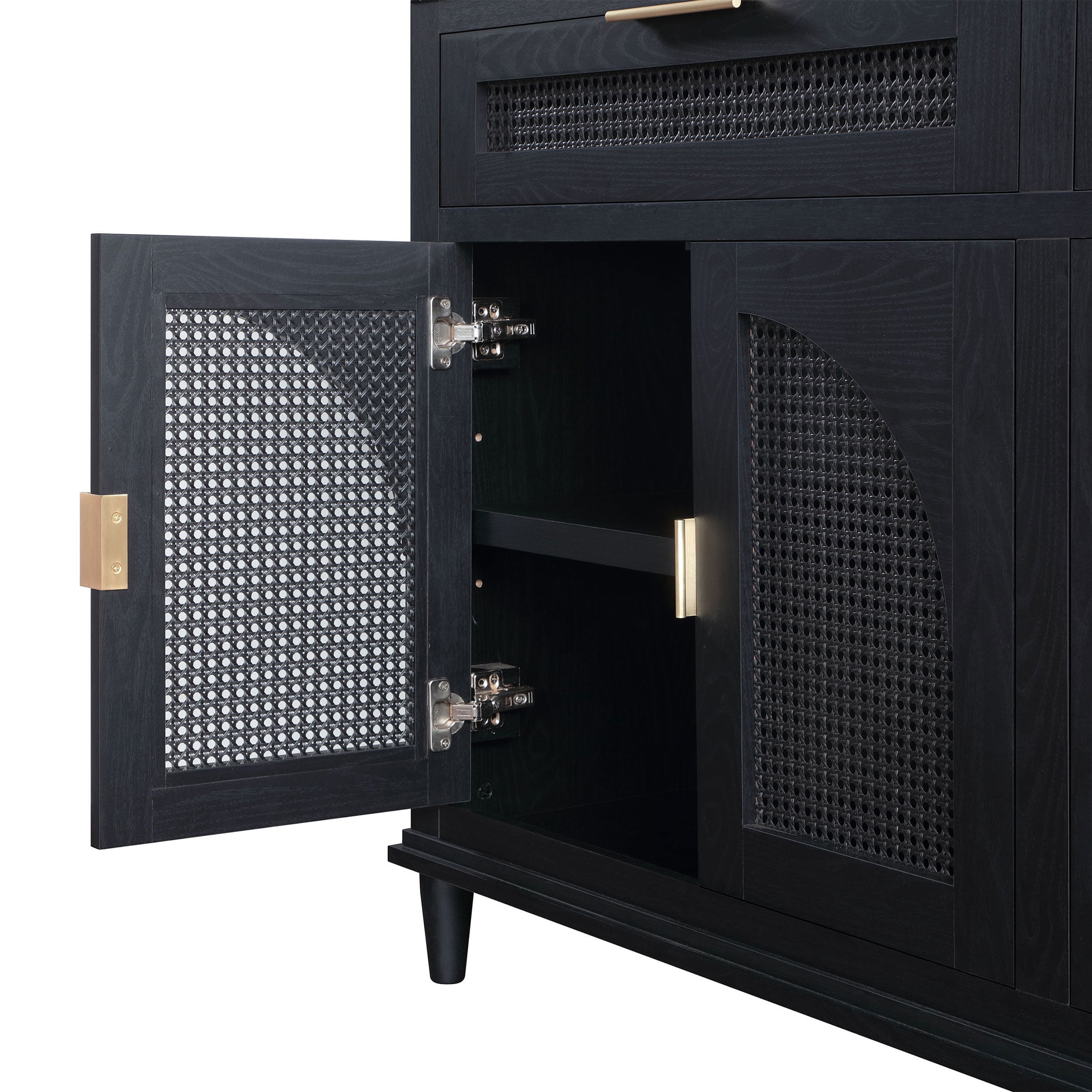 Beautiful Drew Rattan Media Console with Teched Away Drawer by Drew Barrymore, Black Finish