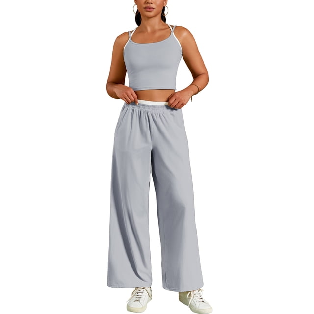 Conjunto de chándal para mujer ATHLECHIC, camisetas de tirantes tipo crop y pantalones rectos en gris