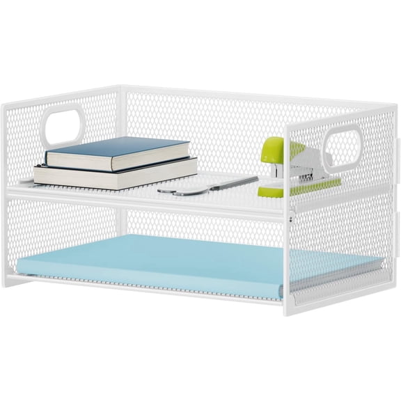 2 Tier Paper Organizer Letter Tray, Mesh File Organizer with Handle, Paper Sorter Desk Organizer for Home Office Supplies - White
