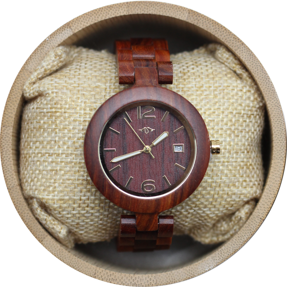Angie Wood Creations Red Sandalwood Women’s Watch with Luminous Gold Hands