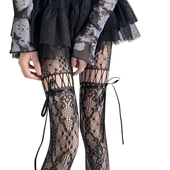 Voska Gothic Retro Hollow Lace Thigh High Stockings Bow Ribbon Decor Sheer Fishnet Long Socks Fashion Mesh Hosiery For Women Girls Daily And Costume Wear