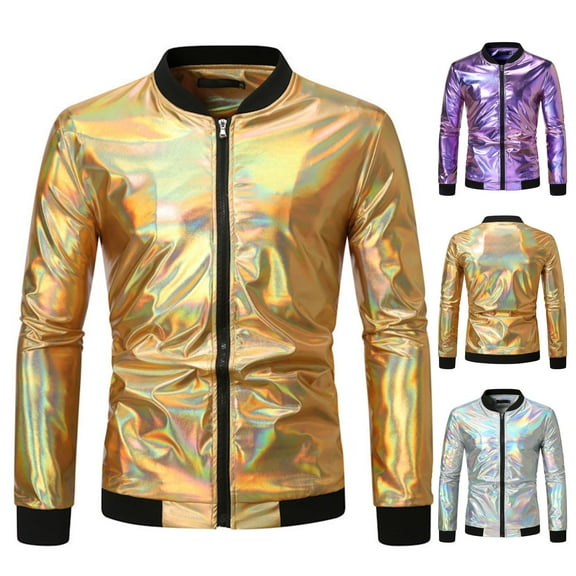 DDAPJ pyju Men's Metallic Jacket 70s Disco Party Varsity Jacket Zip-up Baseball Bomber Outerwear Christmas Gifts Gold L